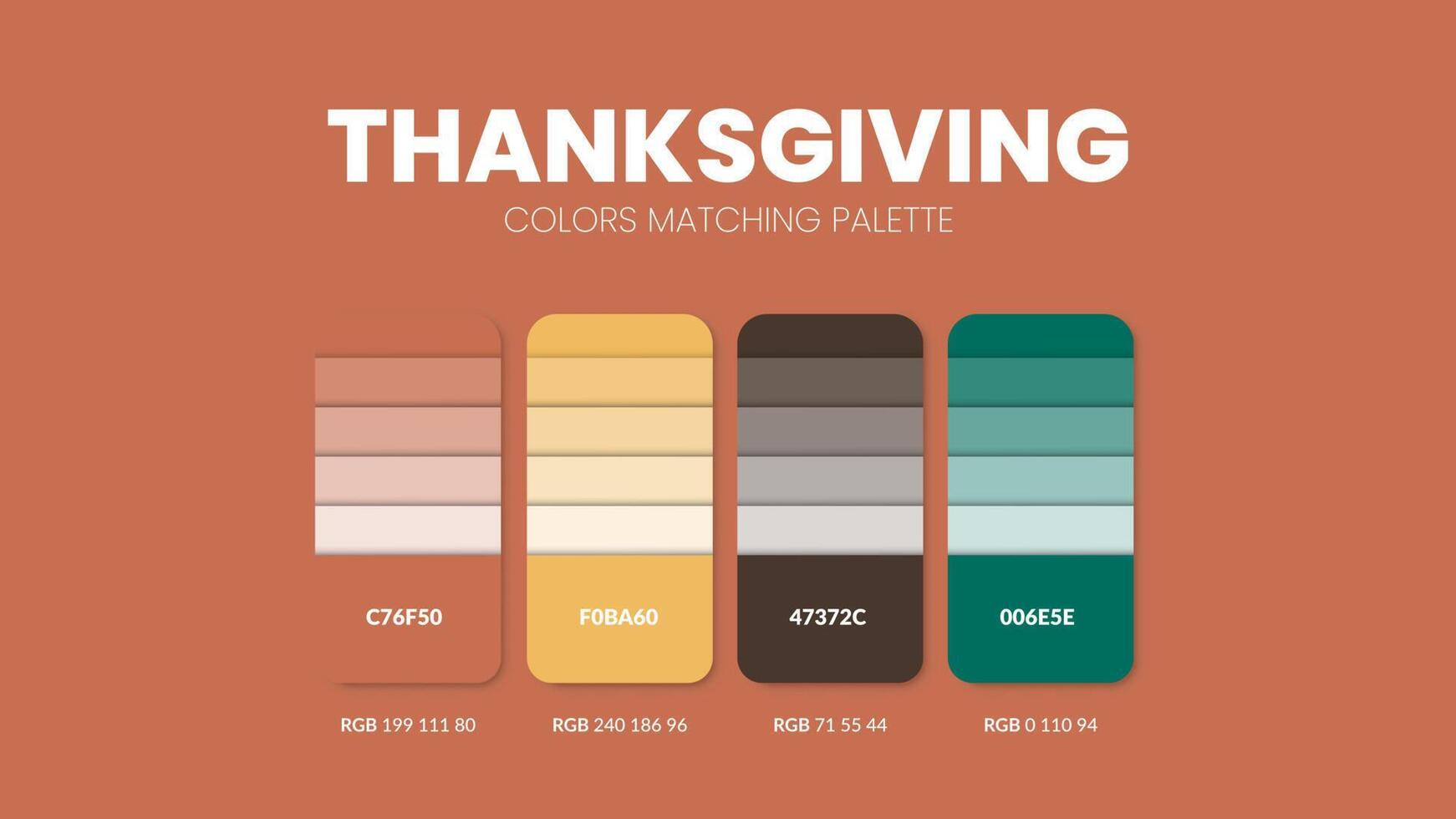 Thanksgiving color scheme. Color Trends combinations and palette guide. Example of table color shades in RGB and HEX. Color swatch for fashion, home, interiors design 2022. Colour chart idea vector. vector