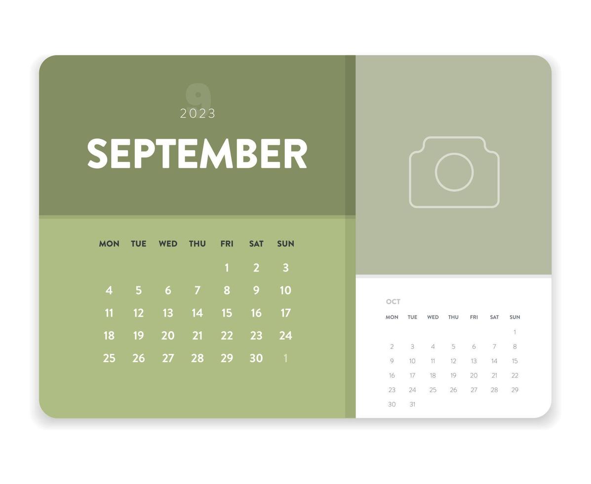 vector de plantilla de calendario mensual 2023 de negocio mínimo creativo. calendario de pared de escritorio para impresión, calendario digital o planificador. inicio de semana el lunes. diseño de diseño de calendario anual moderno simple. septiembre