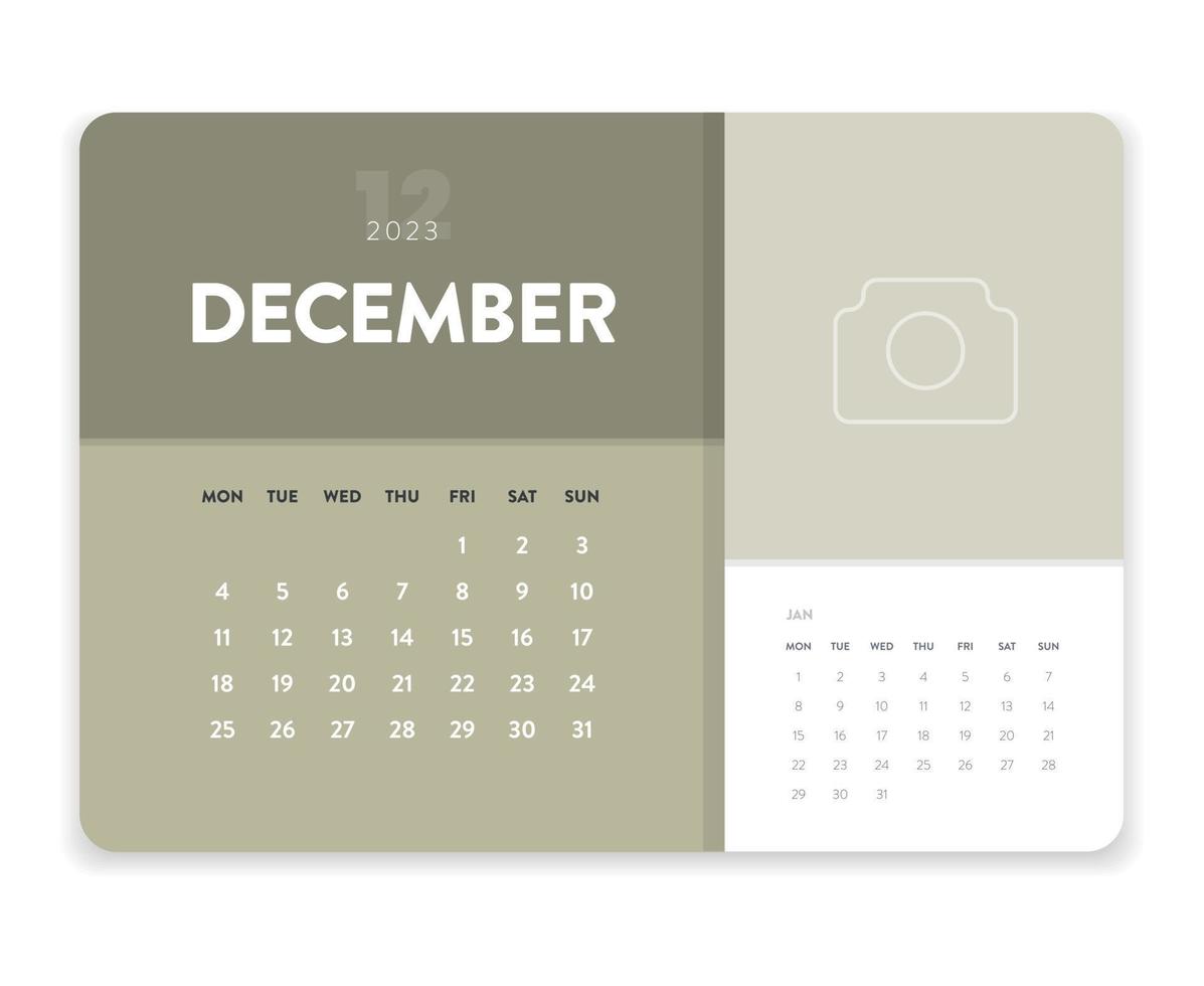 Creative minimal business monthly 2023 Calendar template vector. Desk, wall calendar for print, digital calendar or planner. Week start on Monday. Simple modern annual calendar layout design. December vector