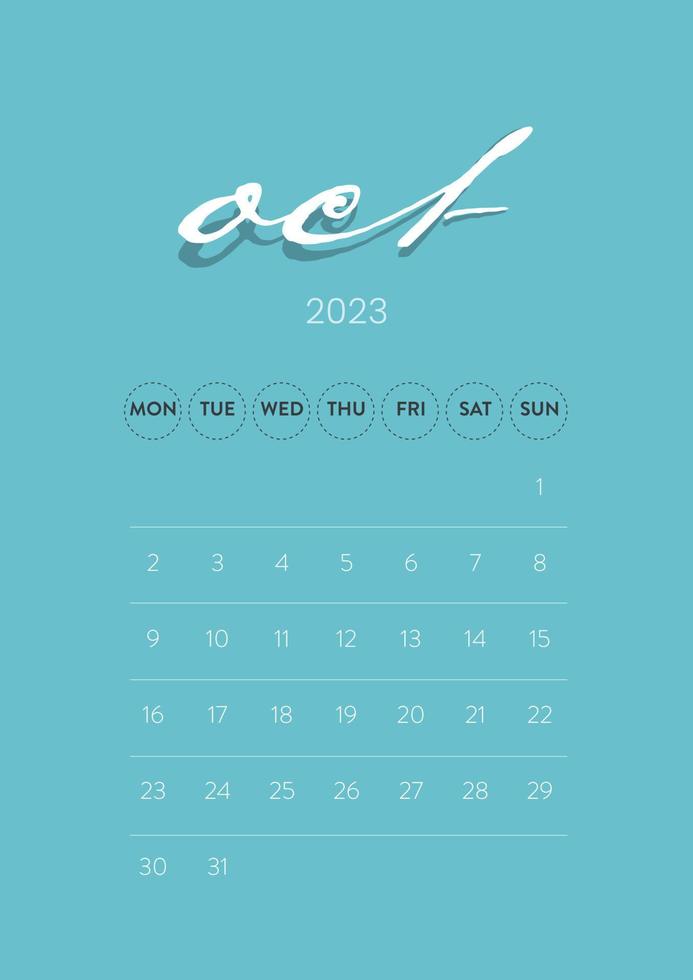 vector de plantilla de calendario mensual 2023 de negocio mínimo creativo. escritorio, calendario de pared para impresión, calendario digital o planificador. inicio de semana el lunes. diseño de diseño de calendario anual moderno simple. octubre.