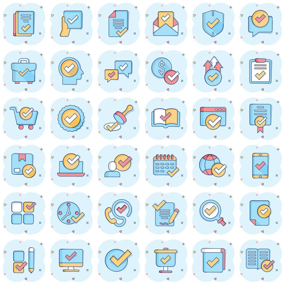 Approve icon set in comic style. Check mark cartoon vector illustration on white isolated background. Tick accepted splash effect business concept.