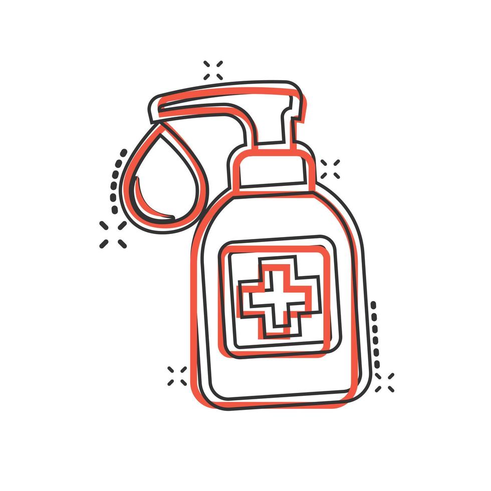 Hand sanitizer icon in comic style. Antiseptic bottle cartoon vector illustration on isolated background. Disinfect gel splash effect sign business concept.