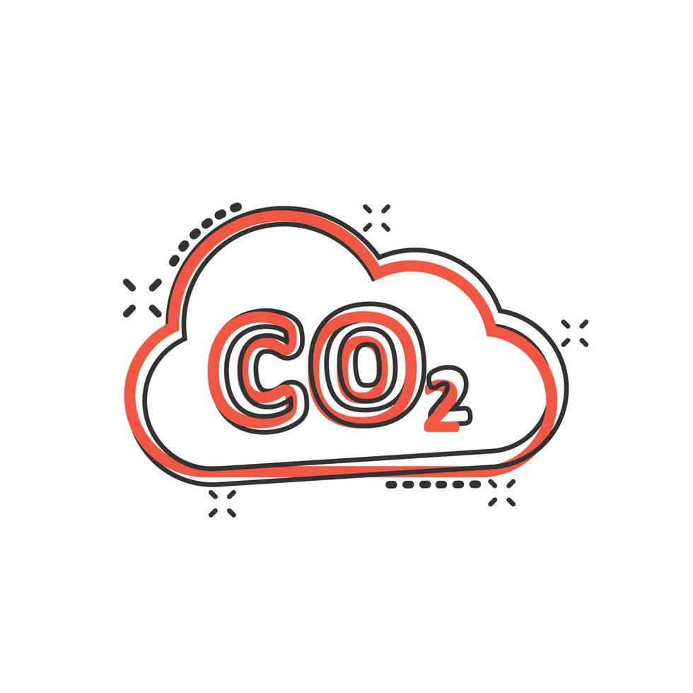 icono de emisión de co2 en estilo cómico. ilustración de vector de dibujos animados de desastre de nube sobre fondo blanco aislado. concepto de negocio de signo de efecto de salpicadura de medio ambiente.