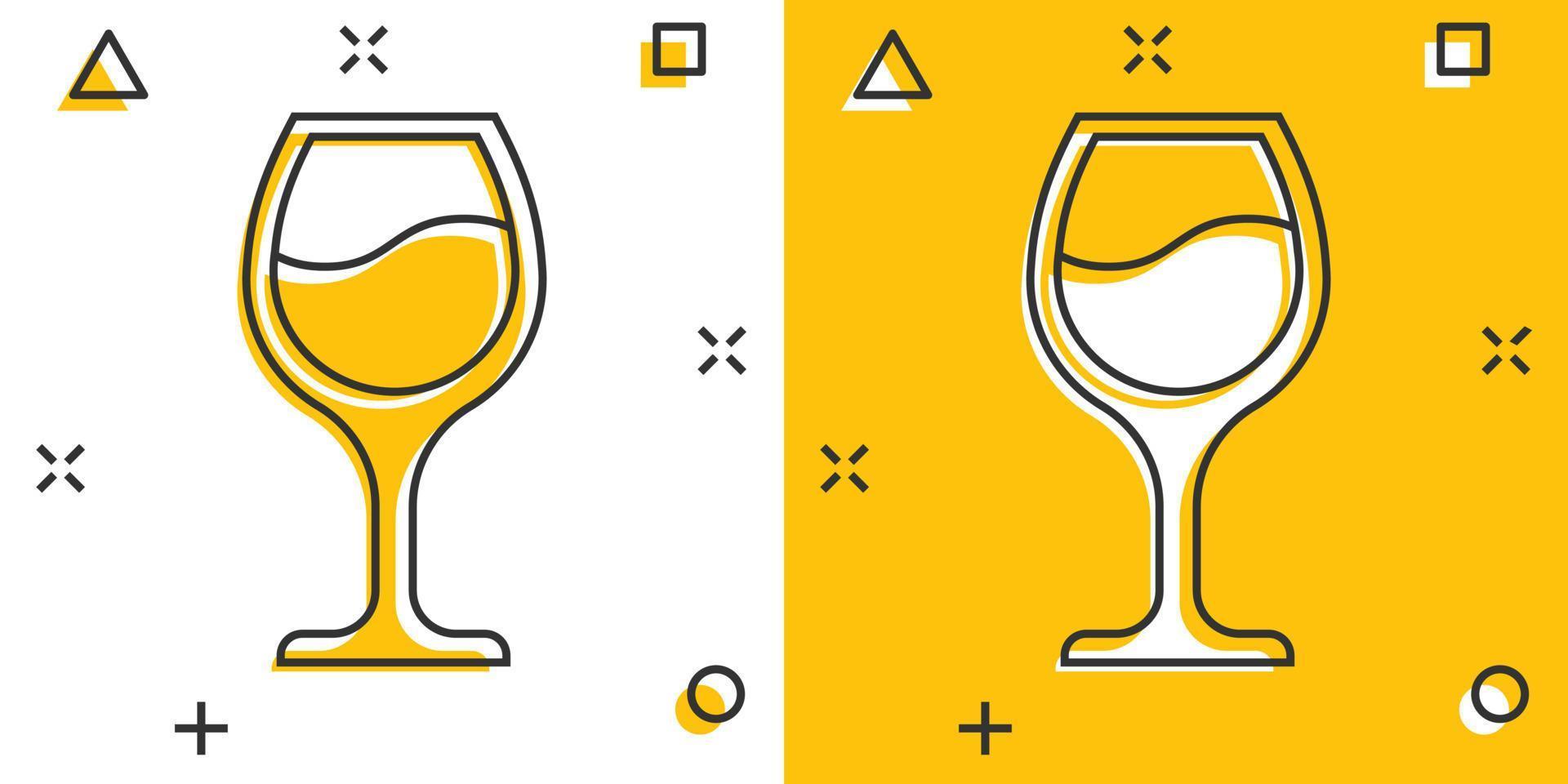 icono de copa de vino en estilo cómico. Ilustración de vector de dibujos animados de bebidas de champán sobre fondo aislado. concepto de negocio de señal de efecto de salpicadura de bebida de cóctel.