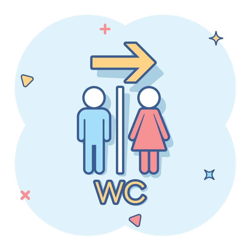 Vector cartoon WC, toilet icon in comic style. Men and women restroom sign illustration pictogram. WC business splash effect concept.