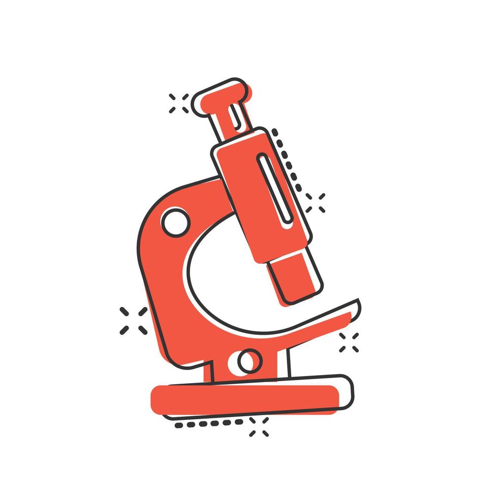 Microscope icon in comic style. Laboratory magnifier cartoon vector illustration on isolated background. Biology instrument splash effect sign business concept.