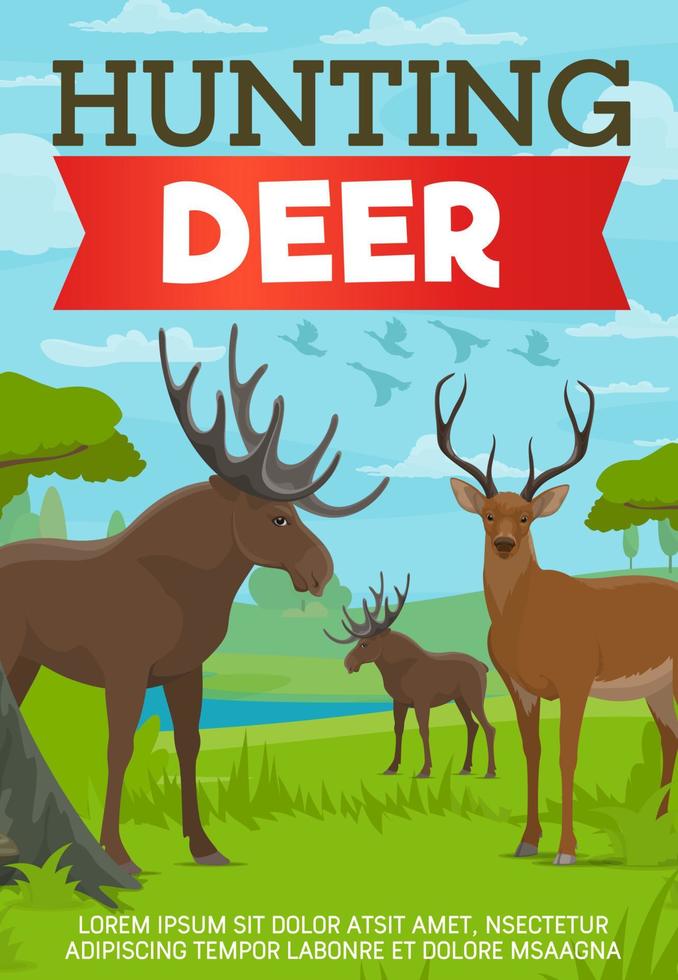 cartel de caza de ciervos y alces con animales del bosque vector