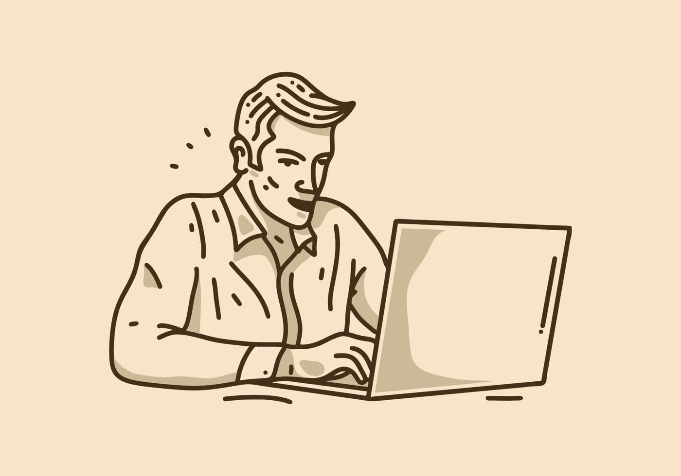 Vintage illustration of man in front of laptop vector