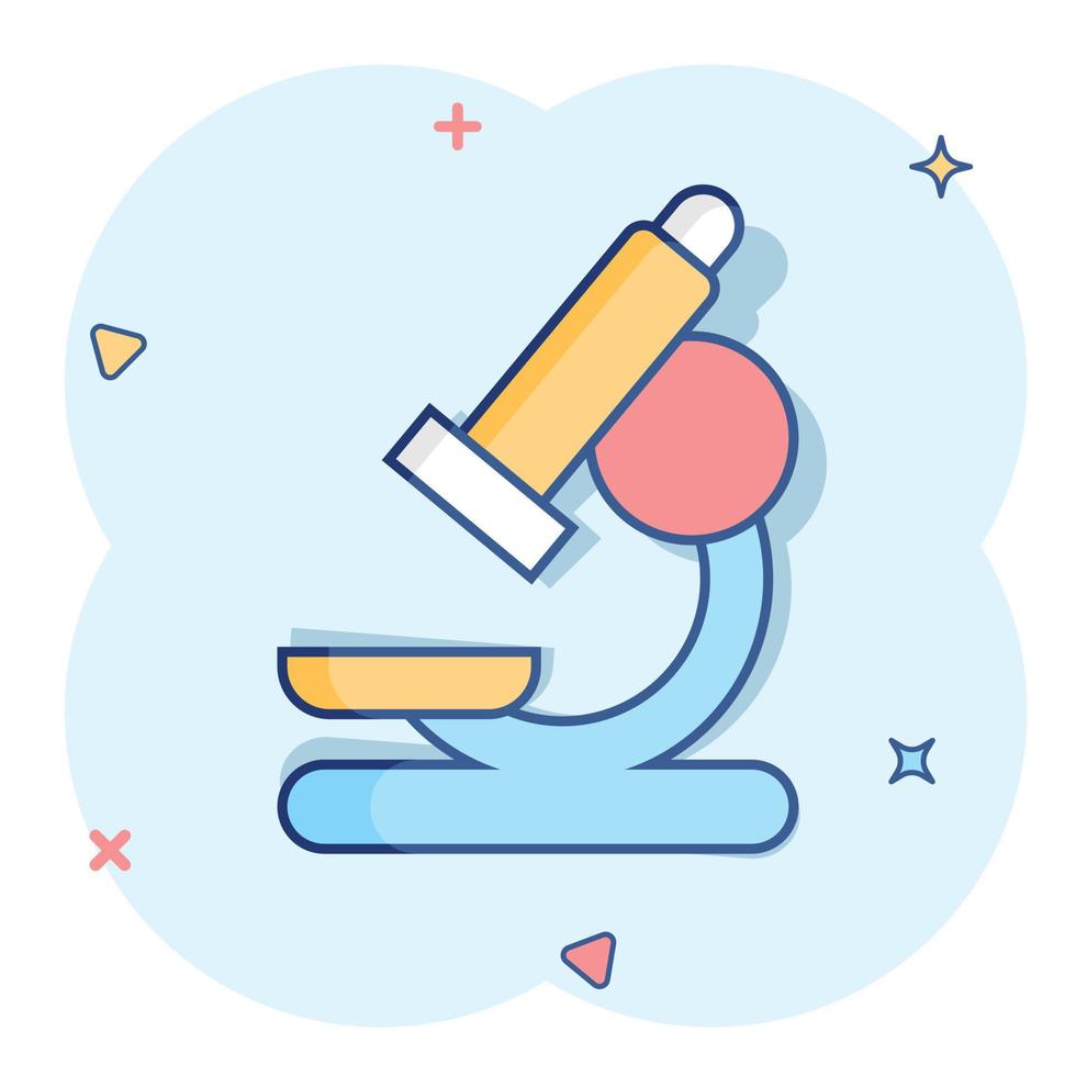 icono de laboratorio de microscopio de dibujos animados vectoriales en estilo cómico. pictograma de ilustración de signo de microscopio. concepto de efecto de salpicadura de negocio de descubrimiento de química. vector