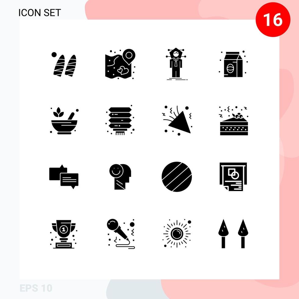 Group of 16 Solid Glyphs Signs and Symbols for pack coffee wedding bean network Editable Vector Design Elements