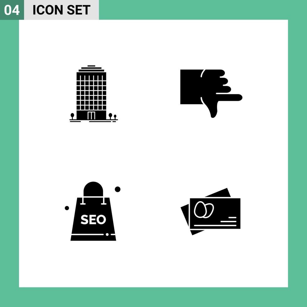Modern Set of 4 Solid Glyphs and symbols such as building package space thumbs seo package Editable Vector Design Elements