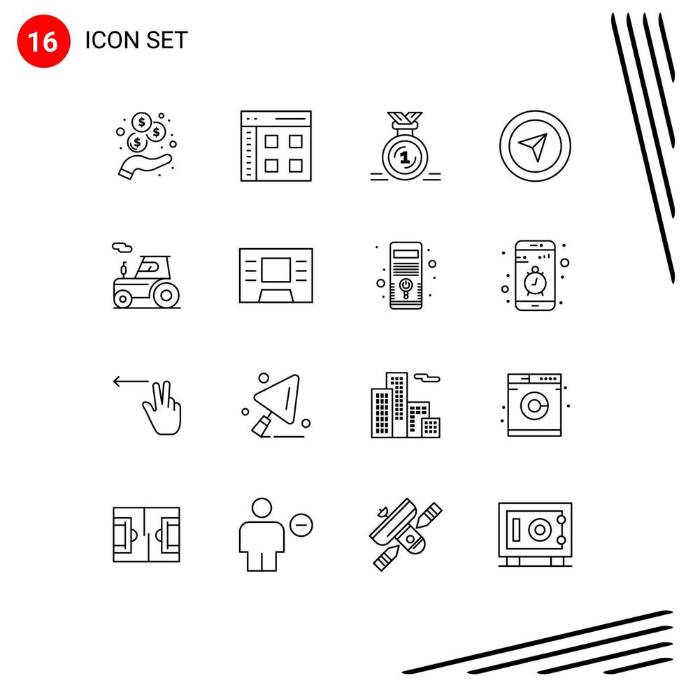 Pack of 16 Modern Outlines Signs and Symbols for Web Print Media such as tractor pointer award mouse reward Editable Vector Design Elements