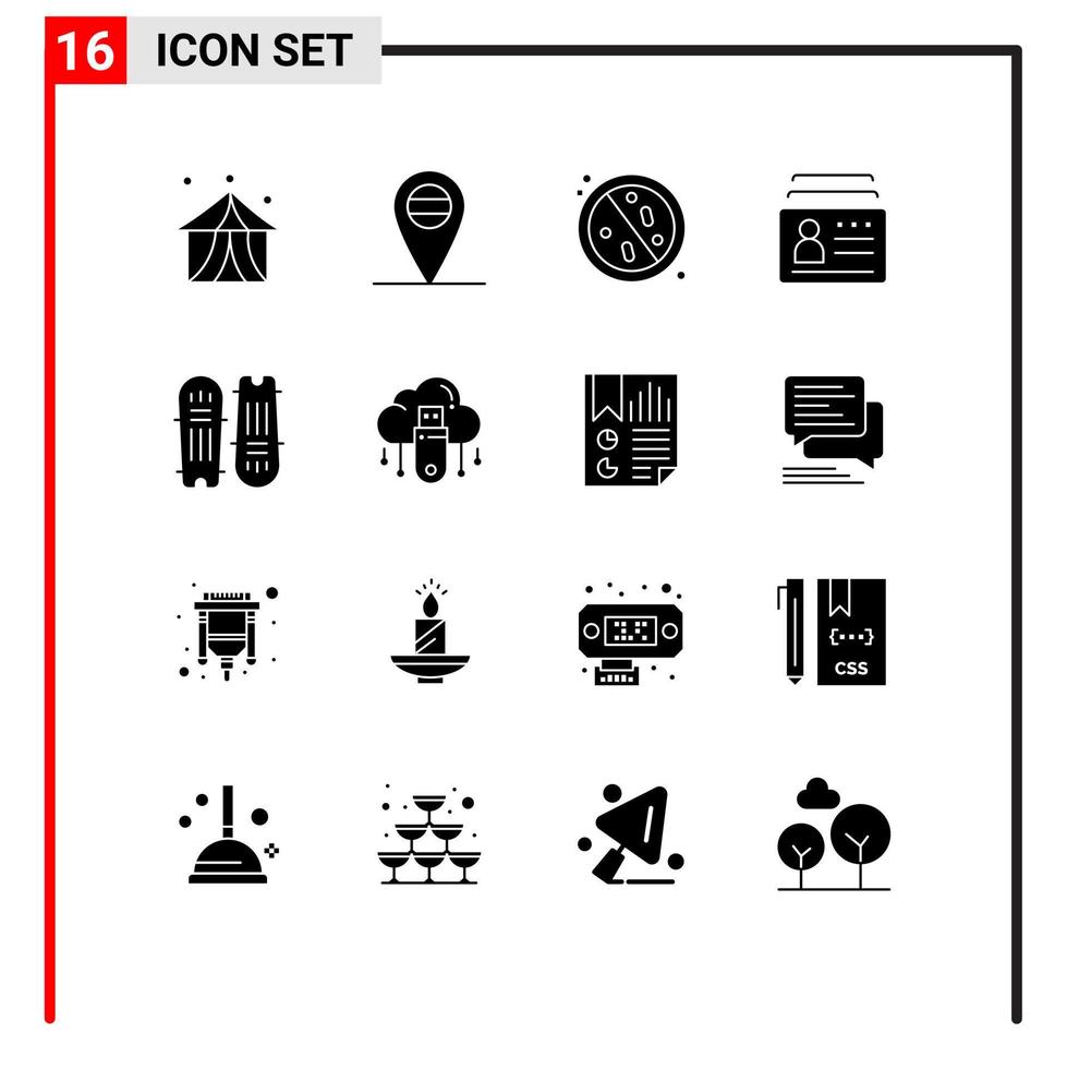 conjunto de pictogramas de 16 glifos sólidos simples de identificación de pelota de cricket tarjeta de identificación de atención médica elementos de diseño vectorial editables vector