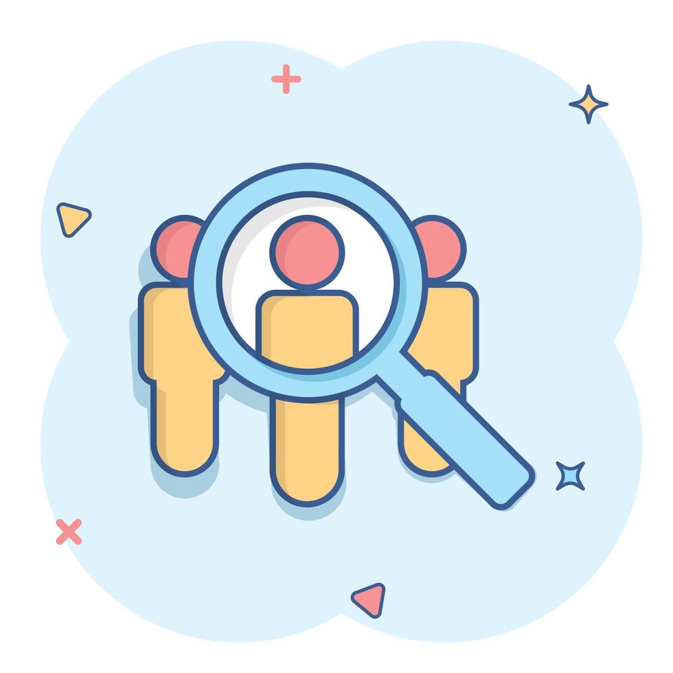 Search job vacancy icon in comic style. Loupe career vector cartoon illustration on white isolated background. Find people employer splash effect business concept.