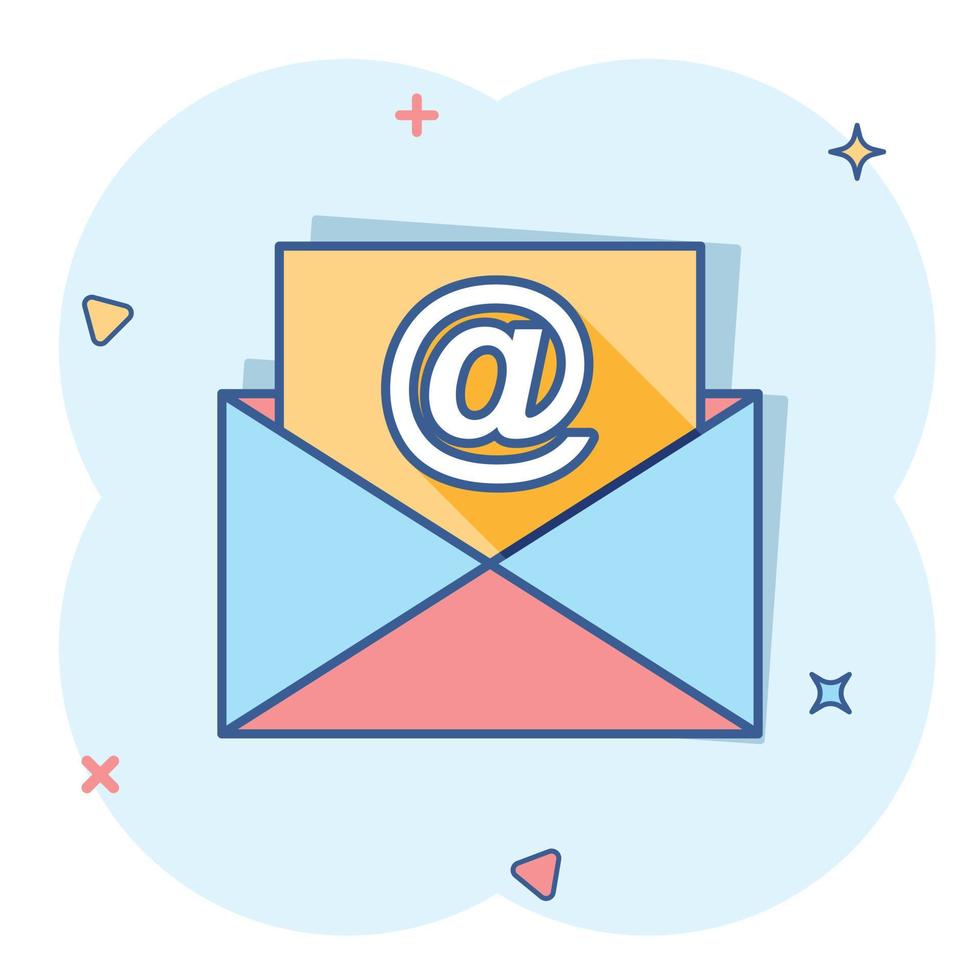 Mail envelope icon in comic style. Email message vector cartoon illustration pictogram. Mailbox e-mail business concept splash effect.