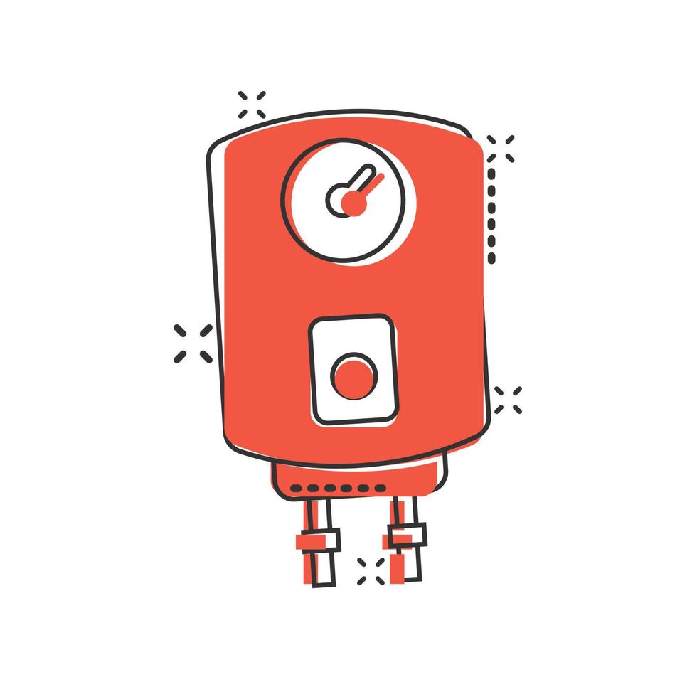 Gas boiler icon in comic style. Heater cartoon vector illustration on isolated background. Boiling splash effect sign business concept.