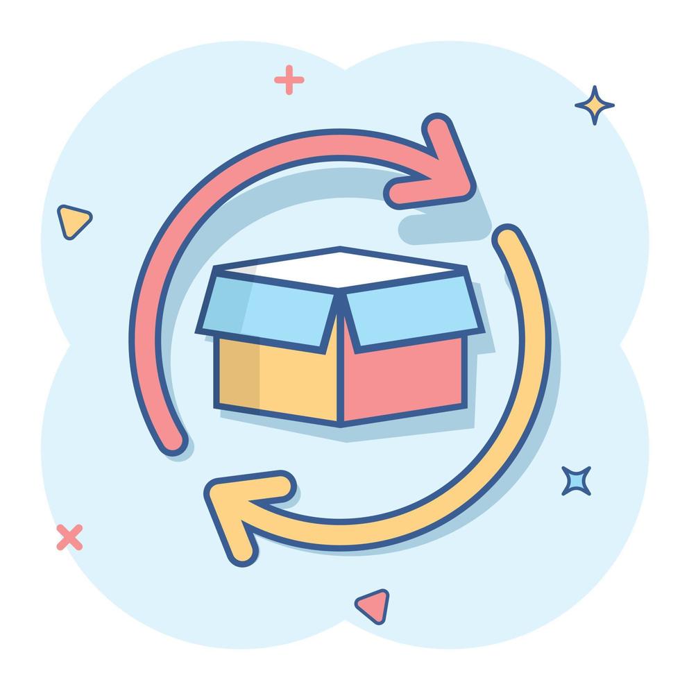 Vector cartoon box package return icon in comic style. Delivery box with arrow concept illustration pictogram. Cargo shipping business splash effect concept.