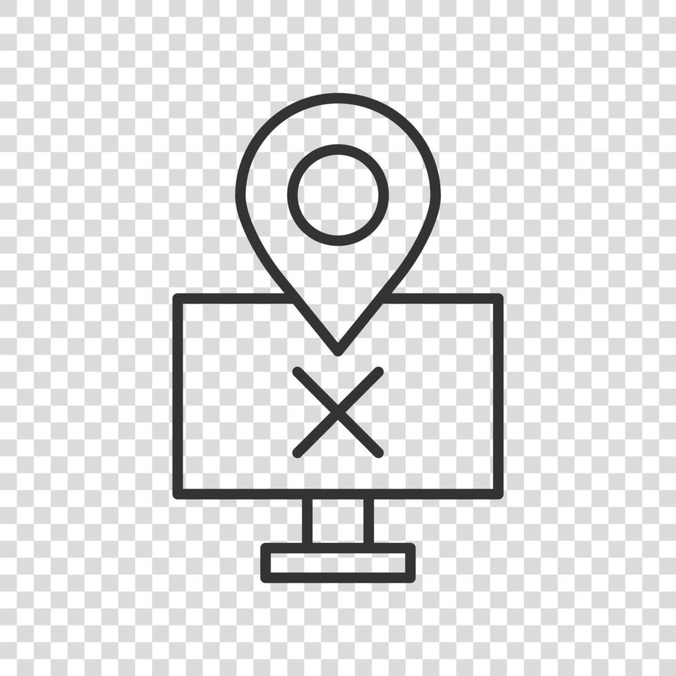 icono de navegación de computadora en estilo plano. monitor pin gps ilustración vectorial sobre fondo blanco aislado. concepto de negocio de ubicación del área de la ciudad. vector