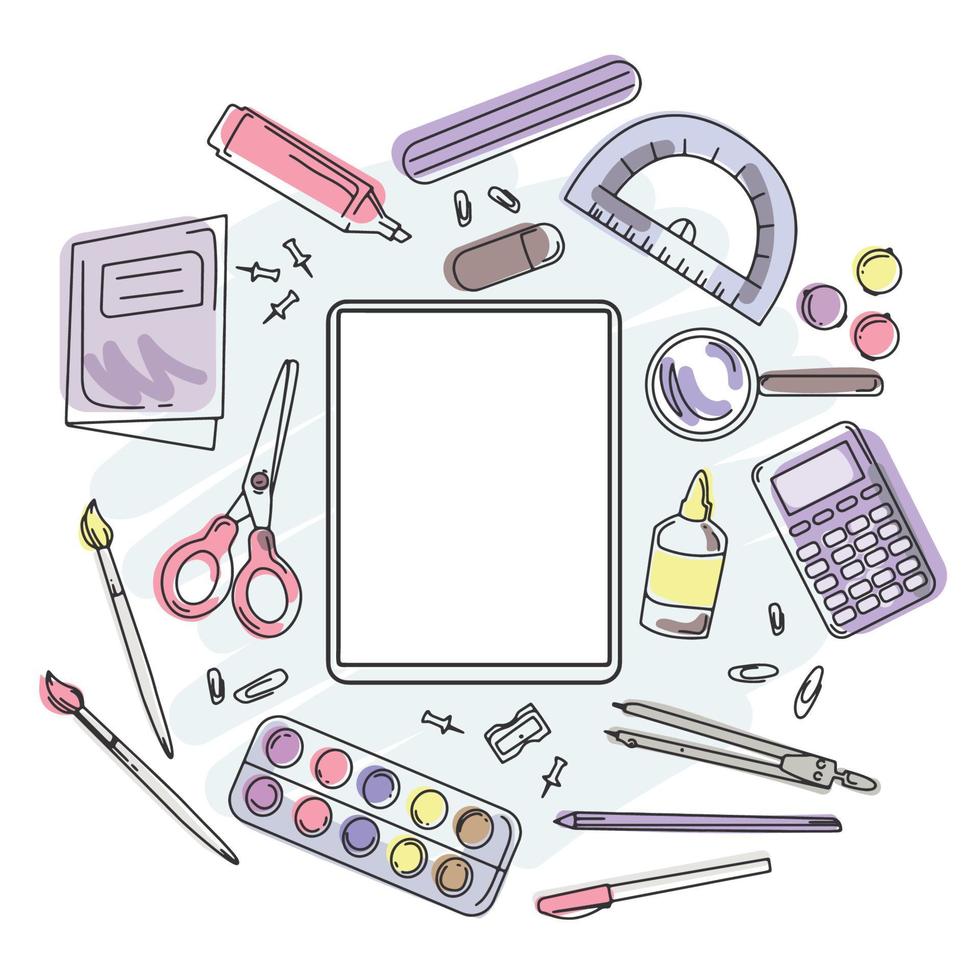 School supplies and stationery with empty sheet of paper with place for text vector doodle illustration.Stationery colored set.Template can used for design, web, brochures, folder, banners, leaflet.