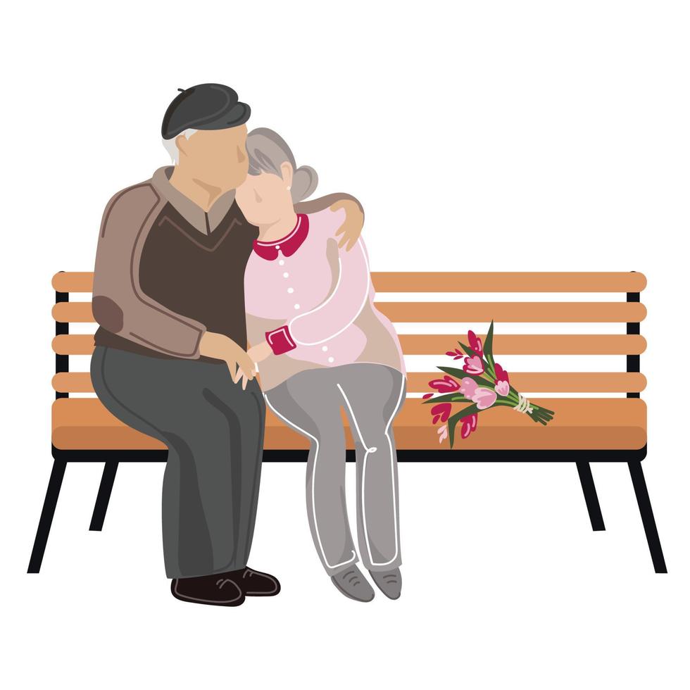 Elderly couple is sitting on a bench in the park vector illustration.Seniors rest outdoors.Dating old people.Two senior lovers spend time together flat illustration isolated on white background