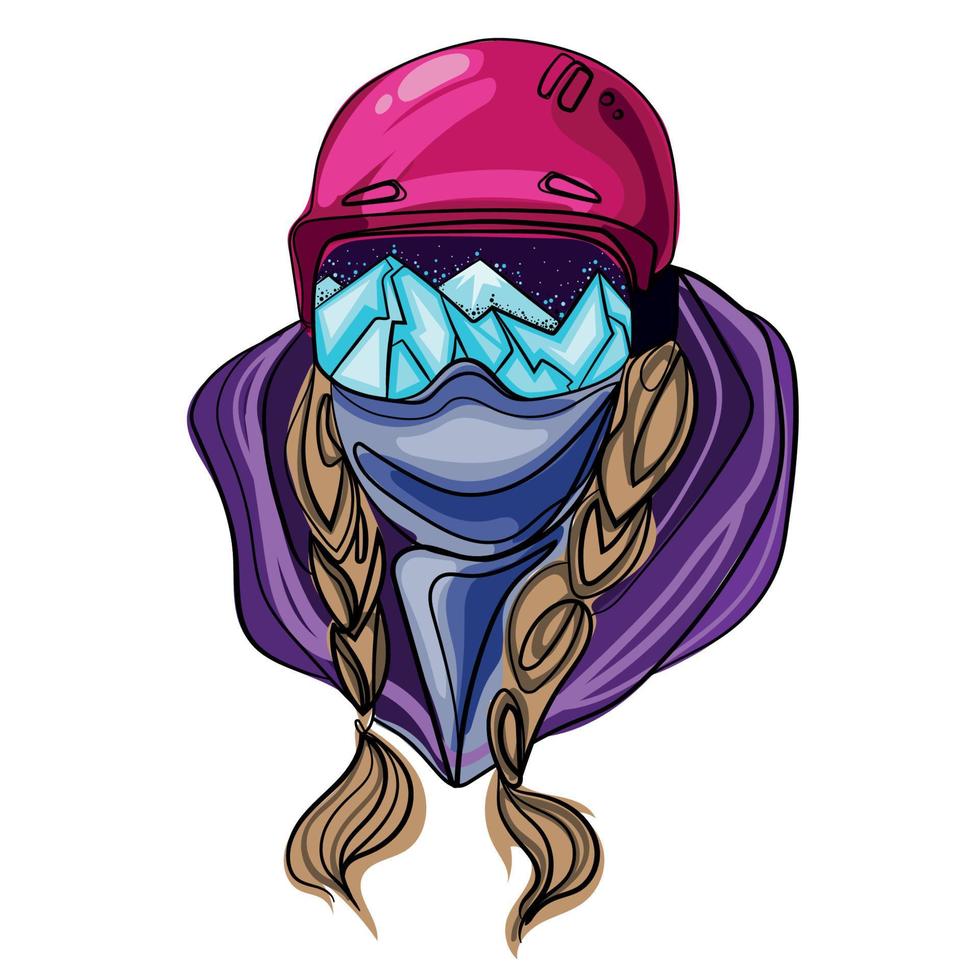 Portrait woman in ski goggles with mountains reflection in them vector color illustration isolated on white.Young woman in ski goggles,protective mask and helmet emblem,print,sticker,poster design