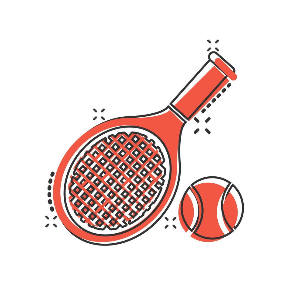 icono de raqueta de tenis en estilo cómico. Ilustración de vector de dibujos animados de raqueta de juego sobre fondo aislado. concepto de negocio de signo de efecto de salpicadura de actividad deportiva.