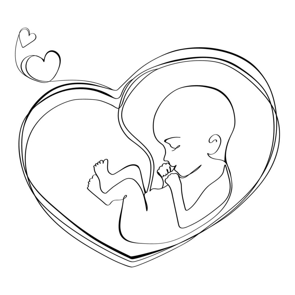 bebé en el útero en forma de corazón con el logotipo del dibujo de la línea del cordón umbilical, icono, tatuaje, afiche, plantilla de diseño de impresión. ilustración vectorial embrión en el dibujo del revestimiento del útero, boceto en blanco y negro vector