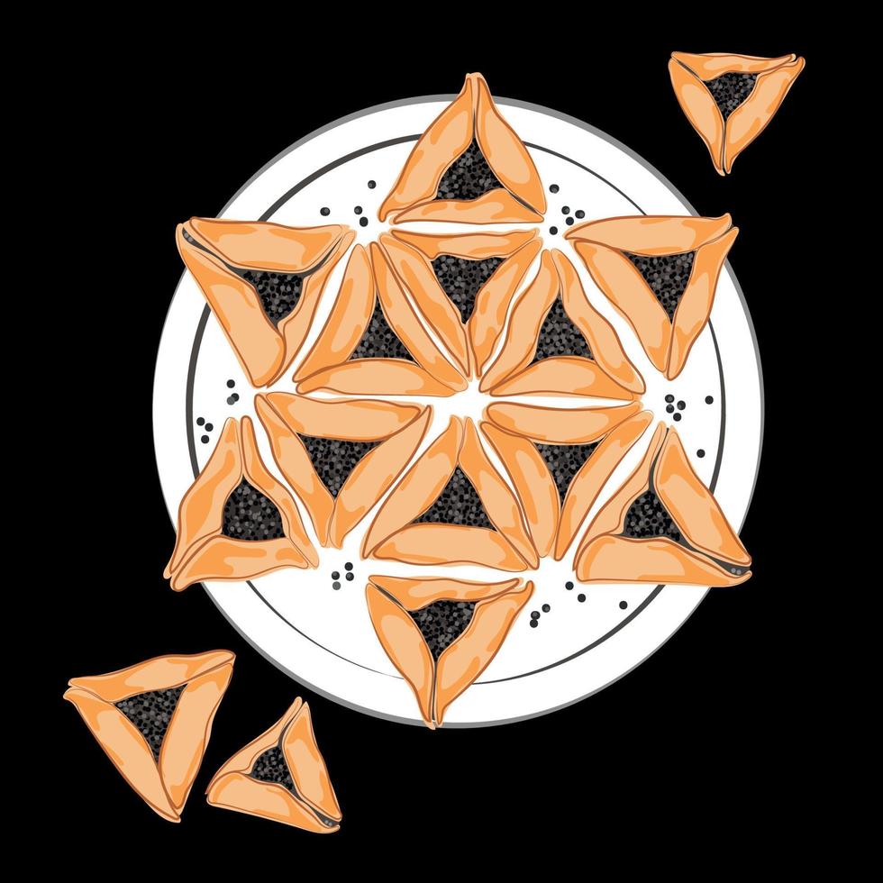 Traditional jewish pastry for Purim holiday. Hamantaschen jewish cookies in the Shape Star of David vector food illustration.Cookies with poppy seeds on a plate on a black background