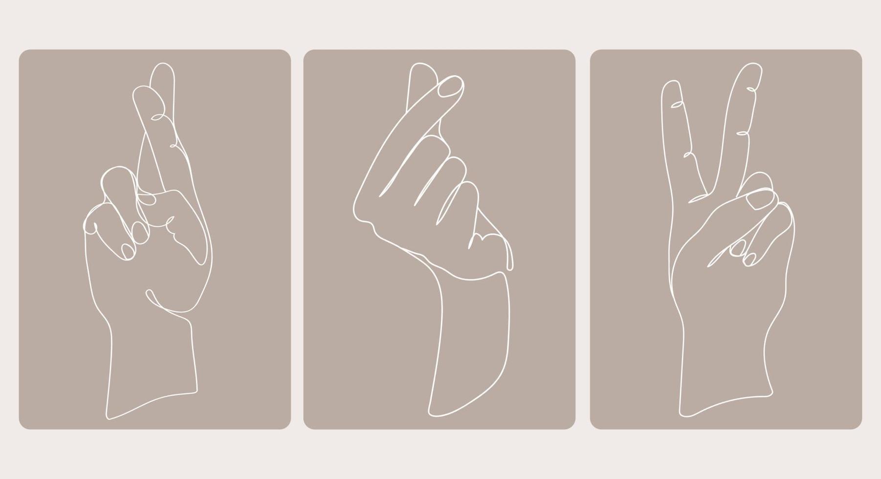 colección de manos en diferentes posiciones, gestos para el afiche, logotipo, plantilla de emblema en estilo de arte mínimo de moda, ilustración vectorial de dibujo monoline. tarjetas con diferentes gestos de manos establecidos vector