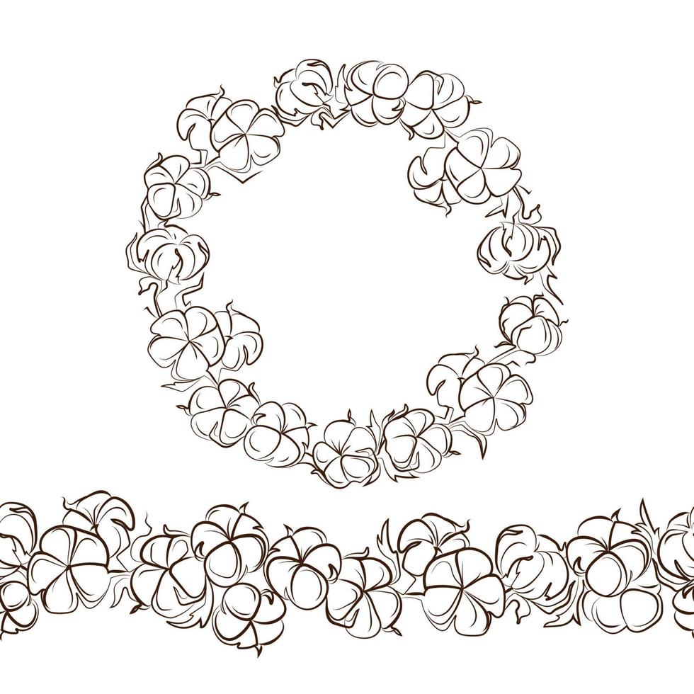 corona redonda de flores de algodón y conjunto de vectores de dibujo de  arte de línea