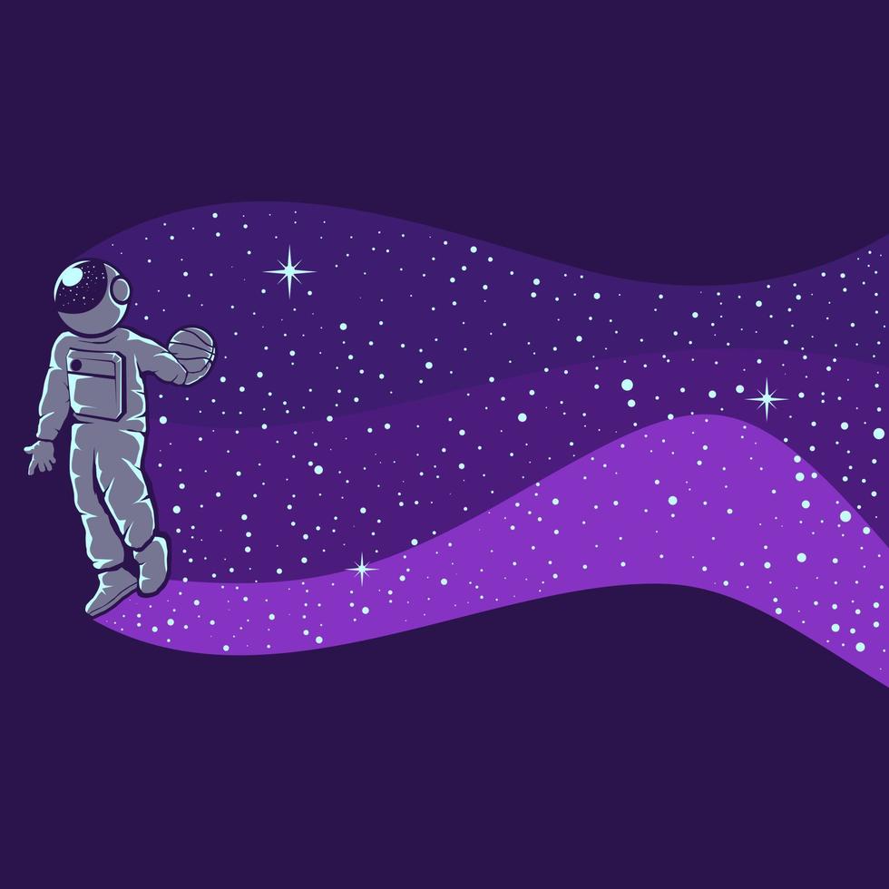 Astronauts playing basketball isolated in purple vector