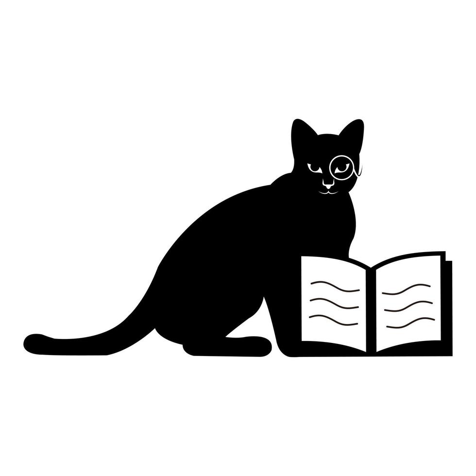 logotipo de gato gordo sentado linda silueta investigando gafas mientras muerde un libro vector