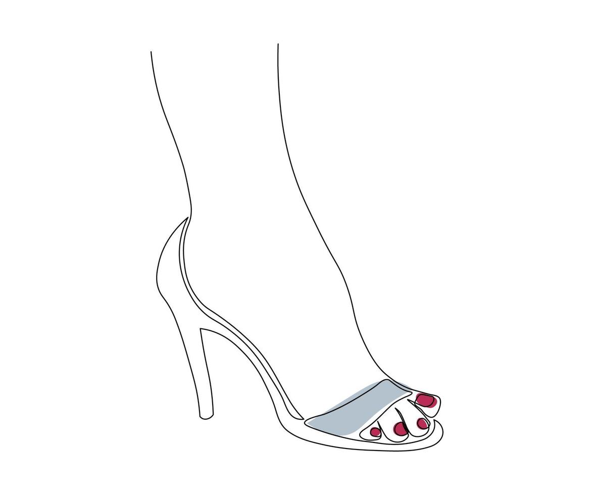 un pie de mujer en una sandalia, zapatos con tacón dibujado con una monolínea, arte de una línea, contorno. logo de una mujer, zapatería vector