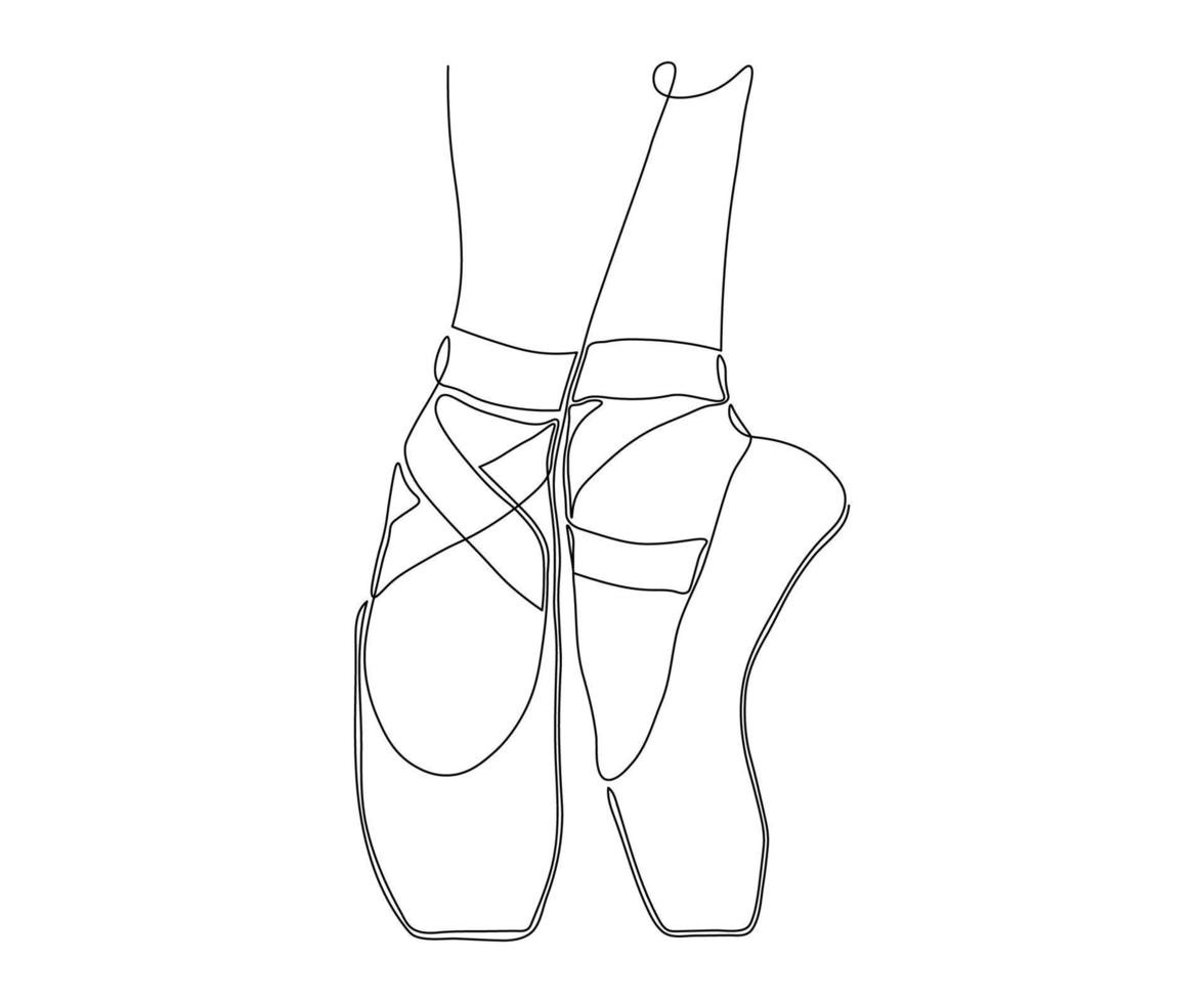 women's feet in pointe shoes. Drawn by hand with a monoline. One line art vector