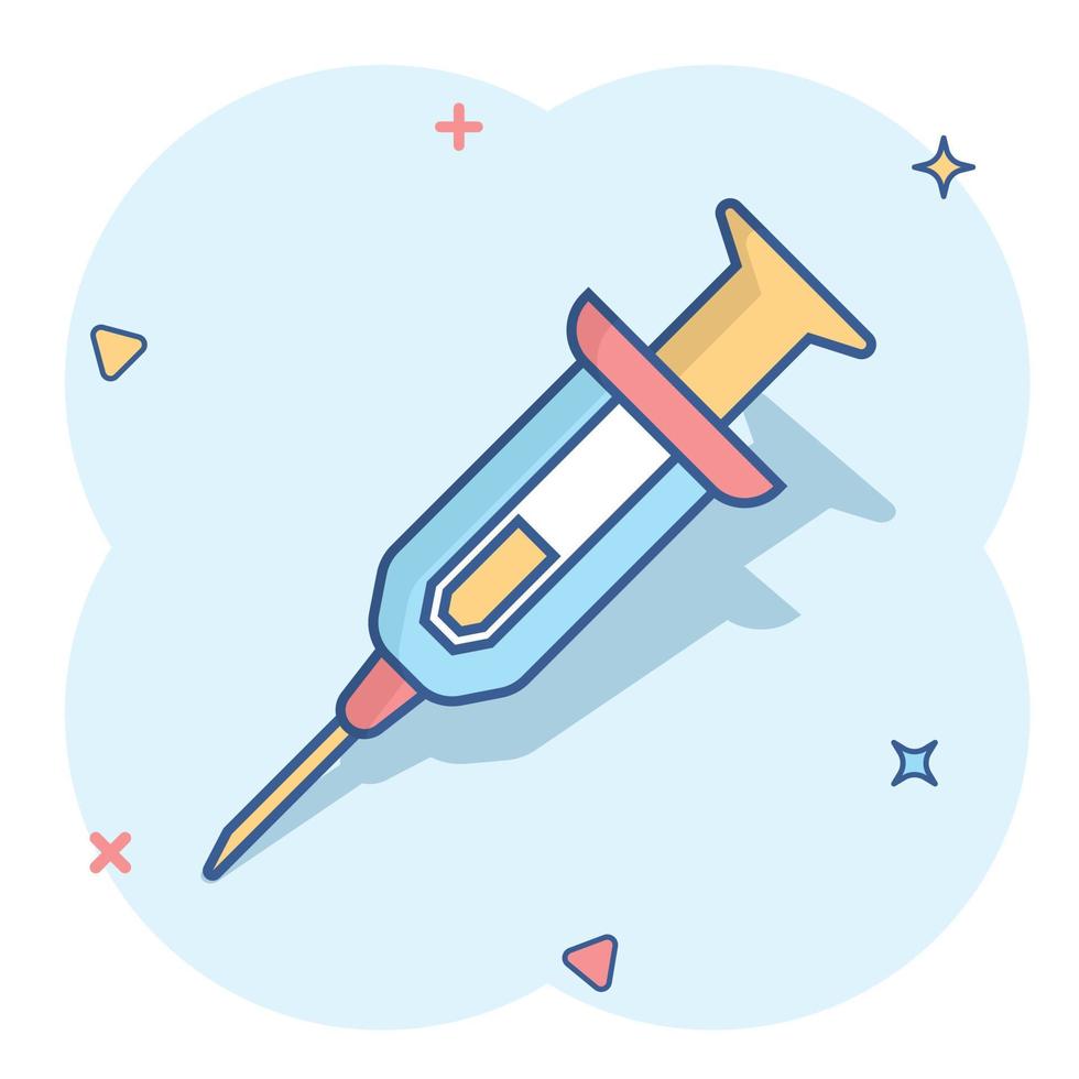 Syringe icon in comic style. Inject needle cartoon vector illustration on white isolated background. Drug dose splash effect business concept.