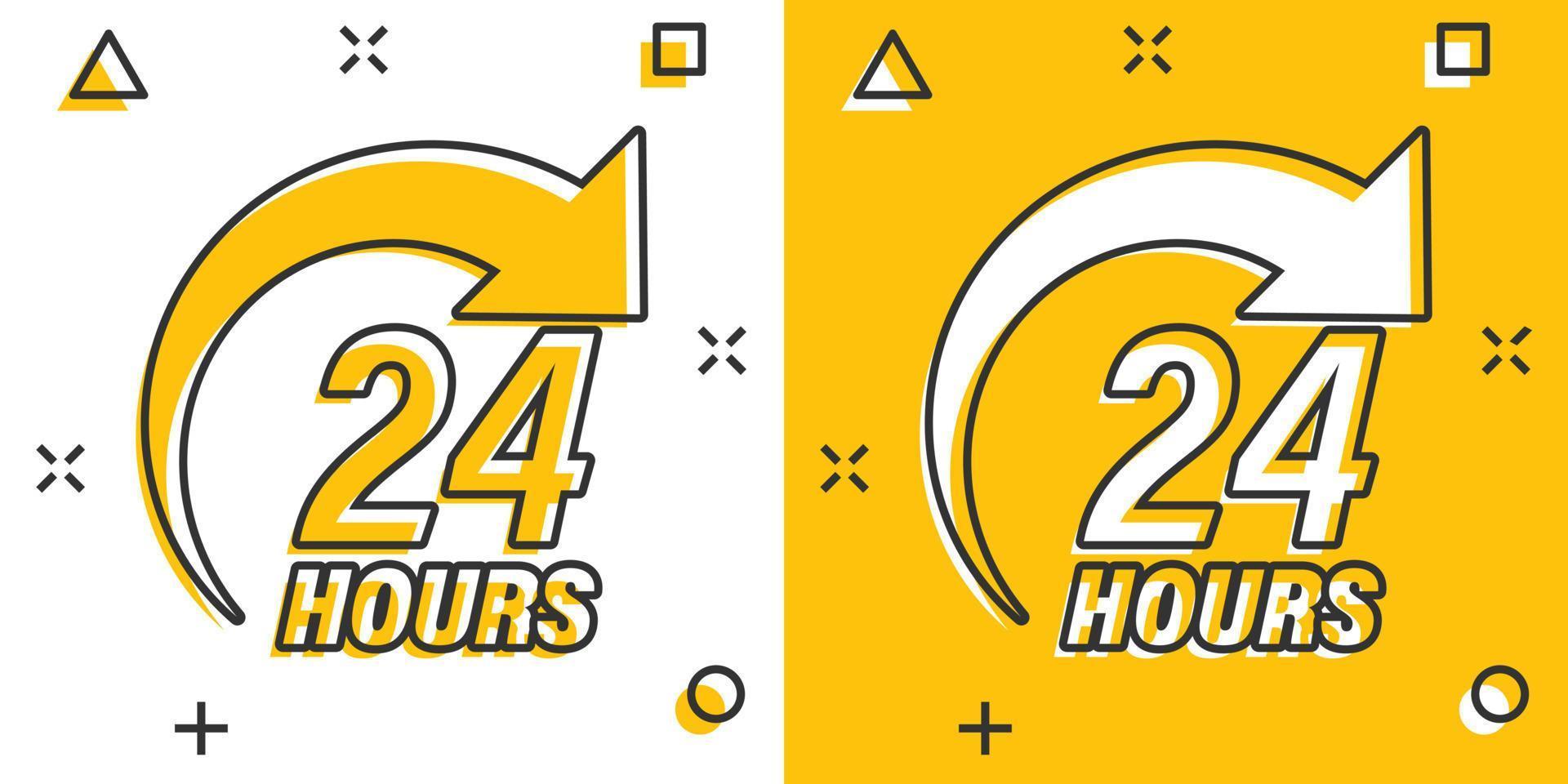 24 hours service icon in comic style. All day business and service cartoon vector illustration on isolated background. Quick service time splash effect sign business concept.