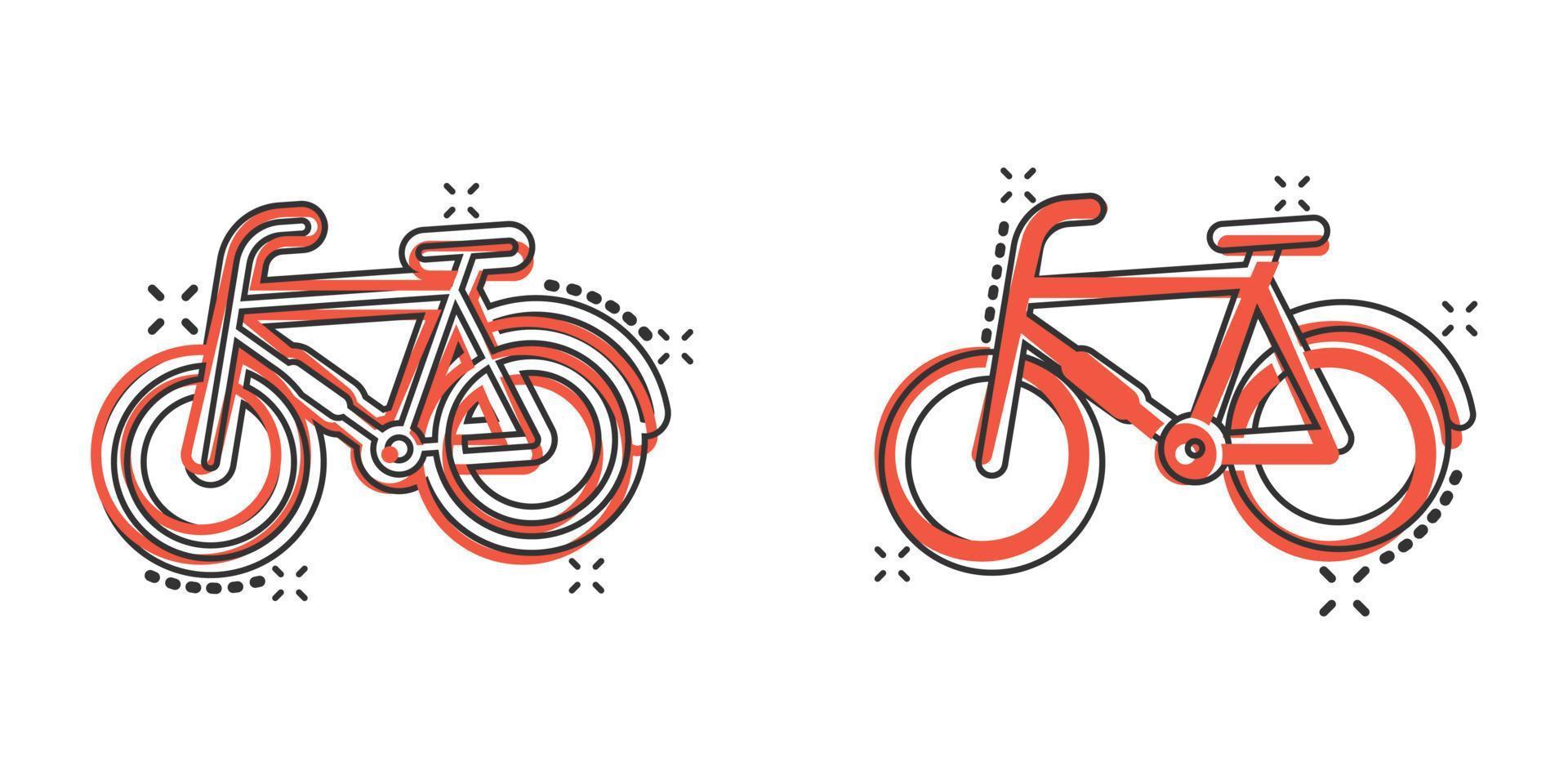 icono de bicicleta en estilo cómico. bicicleta ejercicio dibujos animados vector ilustración sobre fondo blanco aislado. concepto de negocio de signo de efecto de salpicadura de ejercicio de fitness.