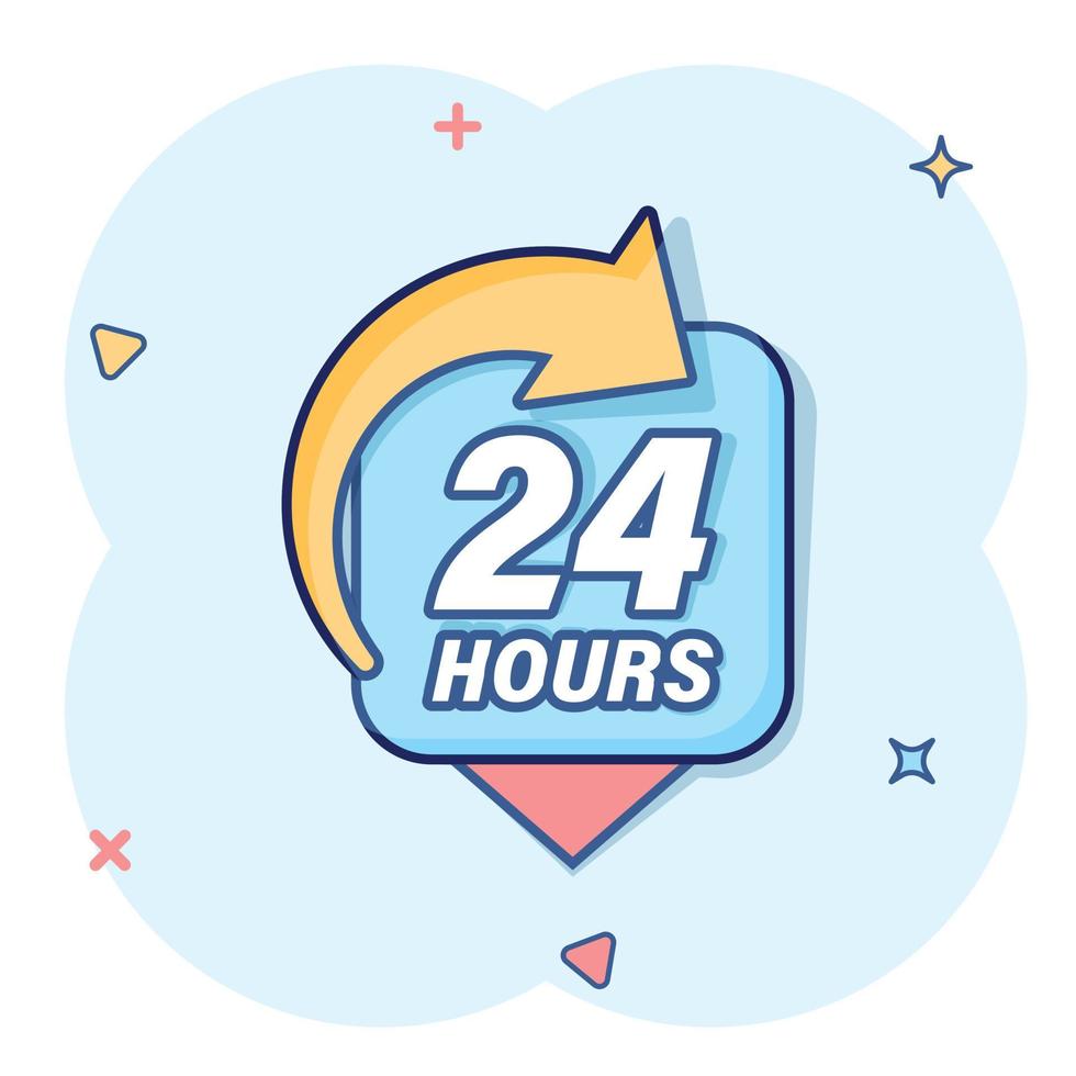 24 hours service icon in comic style. All day business and service cartoon vector illustration on isolated background. Quick service time splash effect sign business concept.