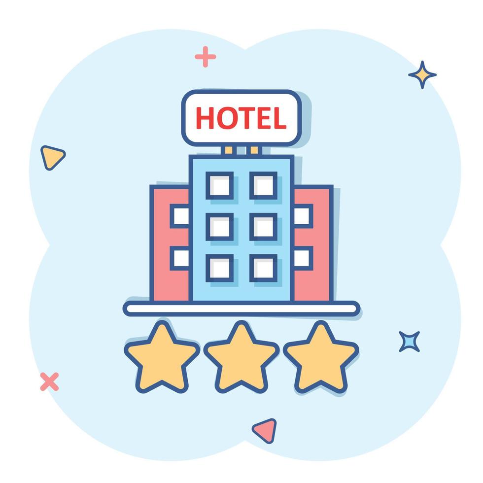 Hotel 3 stars sign icon in comic style. Inn building cartoon vector illustration on white isolated background. Hostel room splash effect business concept.