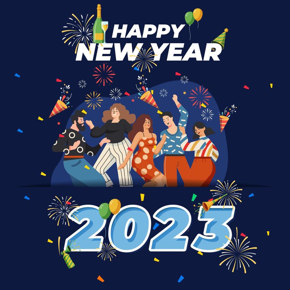 feliz año nuevo 2023. festivo 2023 celebración de año nuevo diseño colorido plano. diseño moderno y moderno para el banner, volante, tarjeta de felicitación y plantilla de publicación de medios sociales de año nuevo 2023 vector