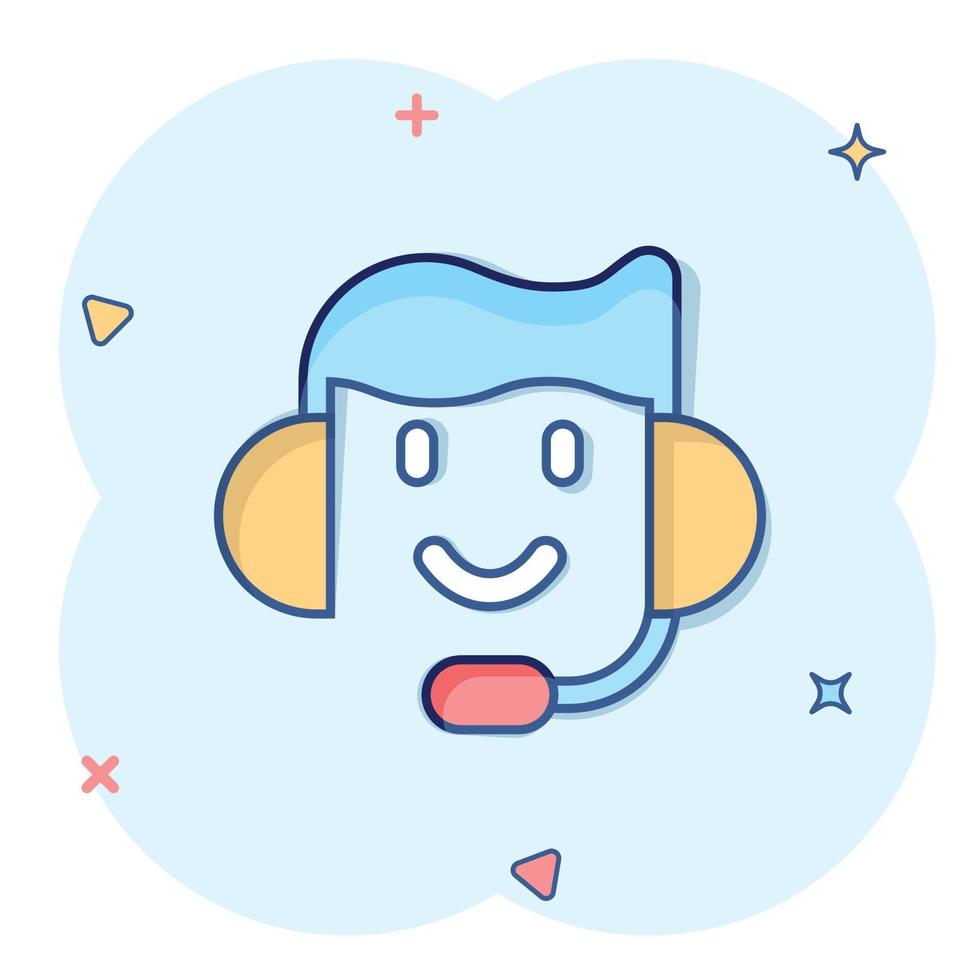 Helpdesk icon in comic style. Headphone cartoon vector illustration on white isolated background. Chat operator splash effect business concept.