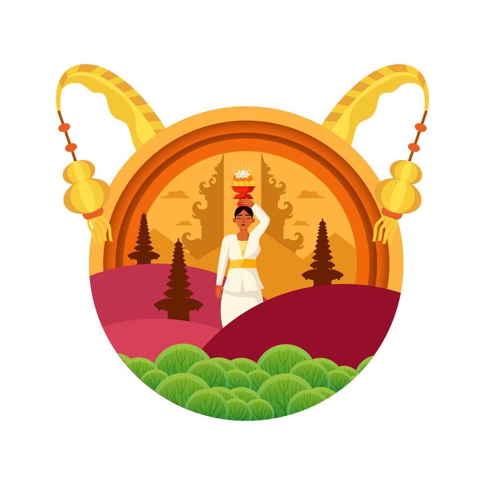 Balinese lady greeting Galungan Kuningan days illustration.use for greeting card, poster, banner, web, social media, print, book illustration vector