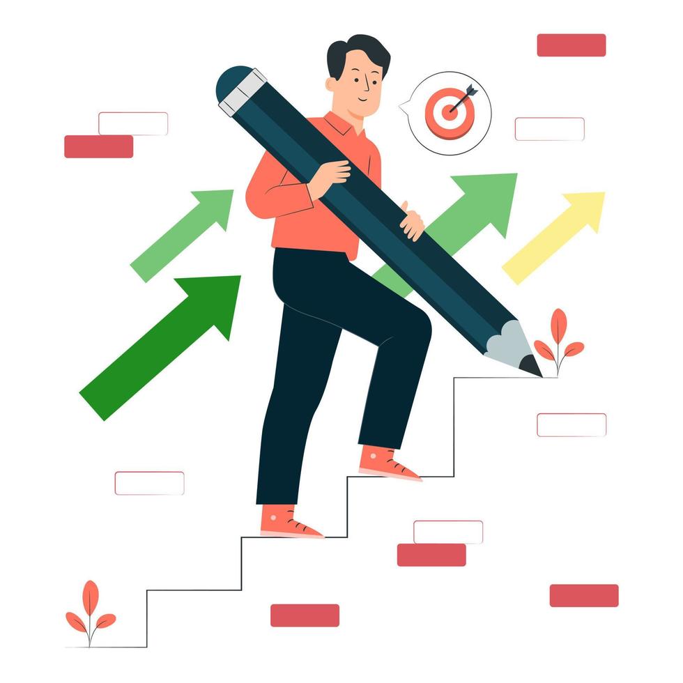 Stairs to goal. Businessman draw a stairs to the top of target. Business concept. Vector illustration flat design. Isolated on background. Achieving goal. Ladder wall. Strategy to aim
