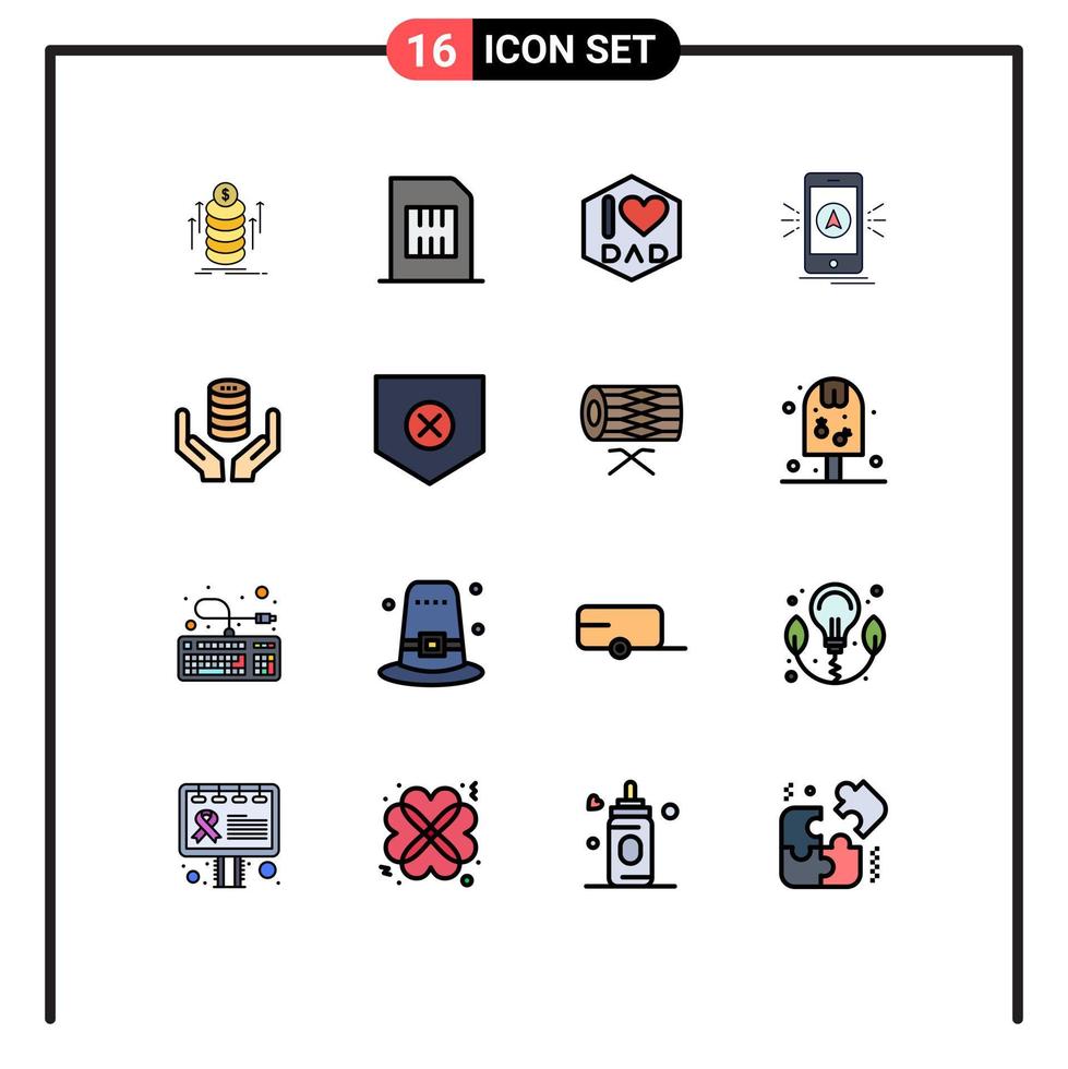 interfaz móvil conjunto de líneas llenas de color plano de 16 pictogramas de base de datos gps teléfono camping navegación elementos de diseño de vectores creativos editables