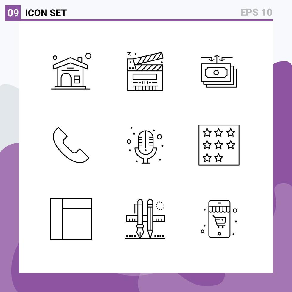 Pictogram Set of 9 Simple Outlines of mic telephone dollar phone report Editable Vector Design Elements
