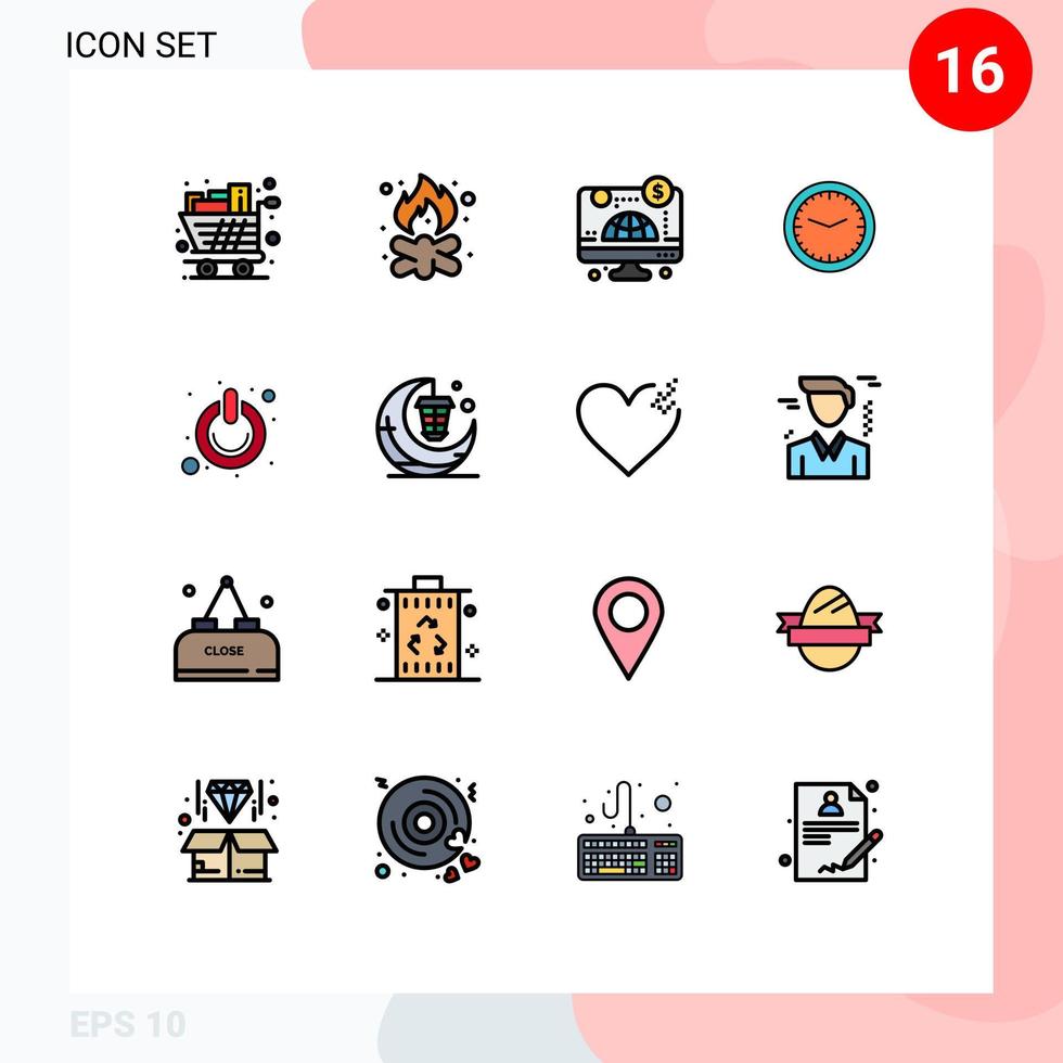 Pictogram Set of 16 Simple Flat Color Filled Lines of wall office campfire clock business Editable Creative Vector Design Elements