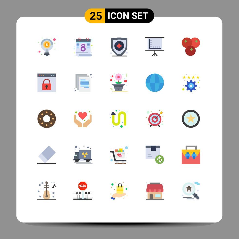 paquete de 25 signos y símbolos de colores planos modernos para medios de impresión web, como elementos de diseño de vectores editables de tablero de arándanos de seguros de comidas y bebidas