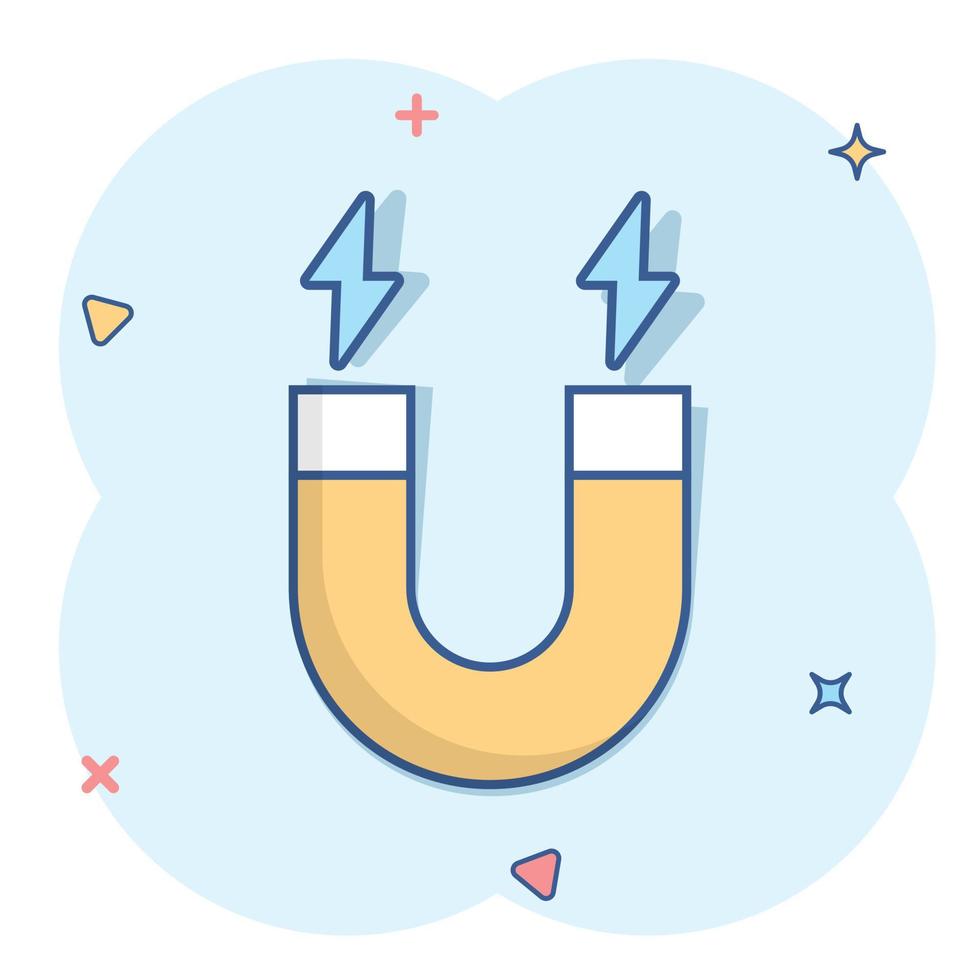 Magnet icon in comic style. Attract cartoon vector illustration on white isolated background. Electromagnetic splash effect business concept.