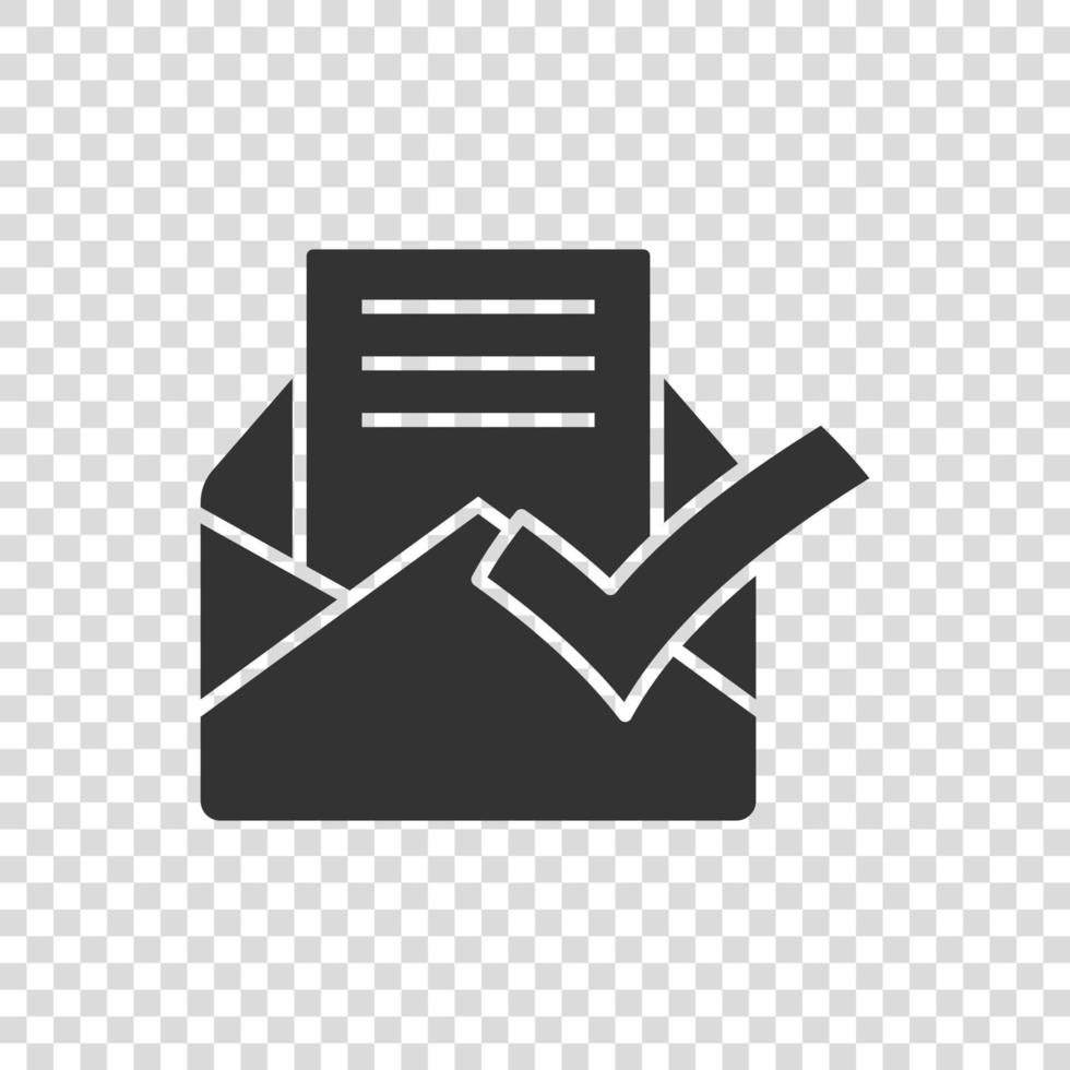 Envelope with confirmed document icon in flat style. Verify vector illustration on white isolated background. Receive business concept.