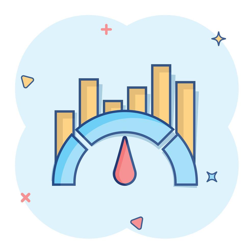 Benchmark measure icon in comic style. Dashboard rating vector cartoon illustration on white isolated background. Progress service business concept splash effect.